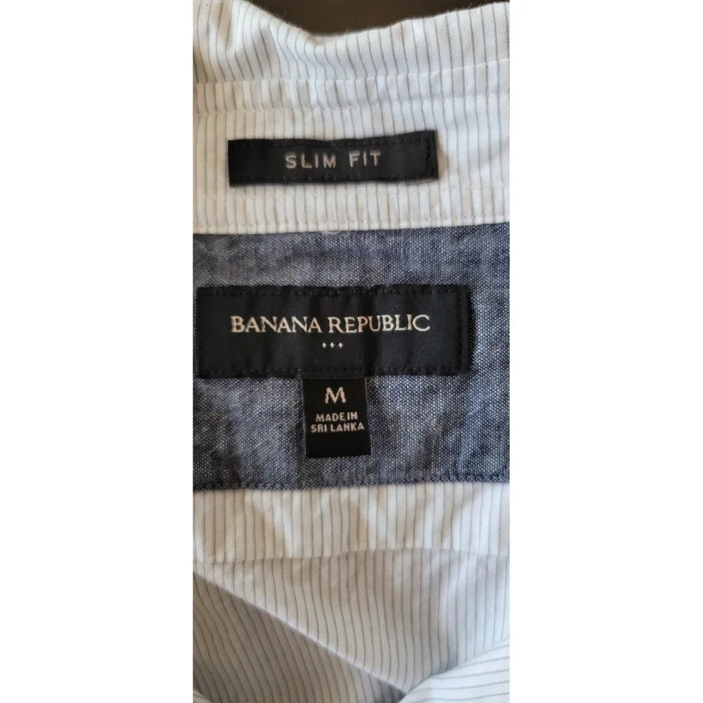 Banana Republic Men M Striped Cotton Shirt Short Sleeve White Blue Button-Up